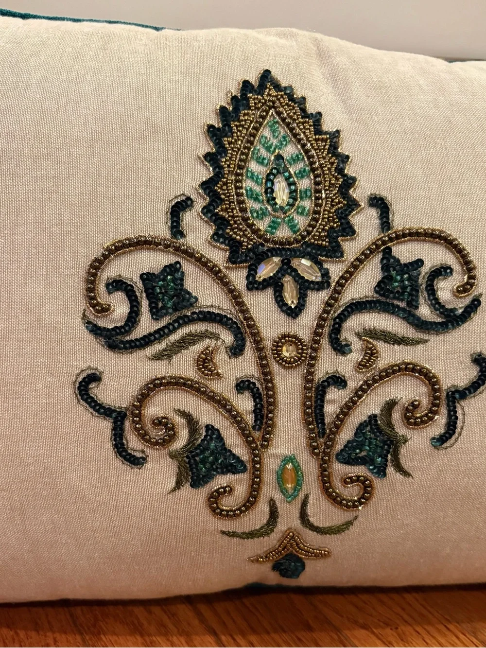 Cream Embroidered Accent Pillow with Green and Gold Motif